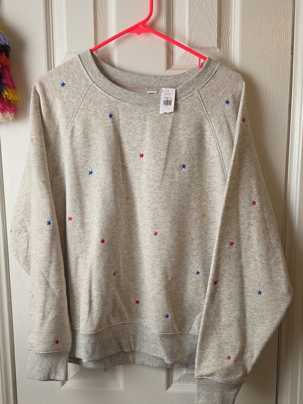 Old Navy Light Gray Crewneck Sweatshirt with Multicolor Star Embroidery